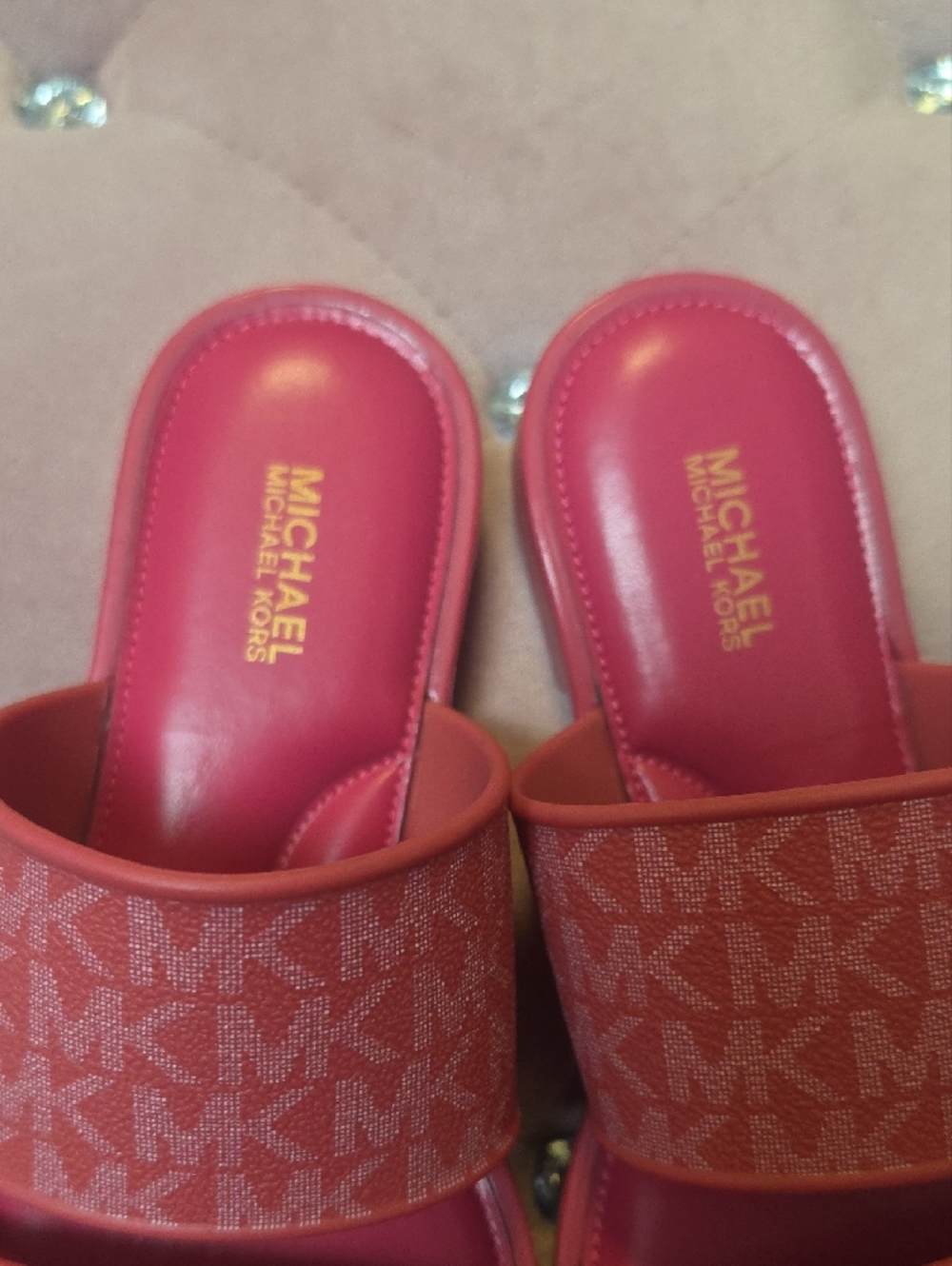 Michael Kors Pink Double Strap MK Logo Slide Sandals - Picture 2 of 5